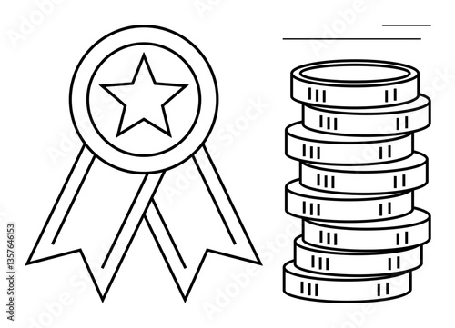 Star badge with ribbons alongside stacked coins emphasizing recognition, reward, and prosperity. Ideal for success, achievement, reward, finance, motivation competition appreciation. Flat simple