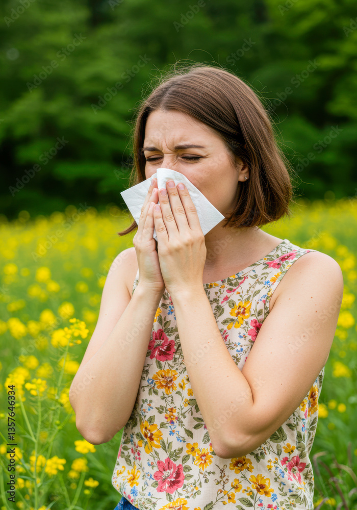 Young caucasian female sneezing in flower field due to allergy in springtime Young caucasian female sneezing in flower field due to allergy in springtime
