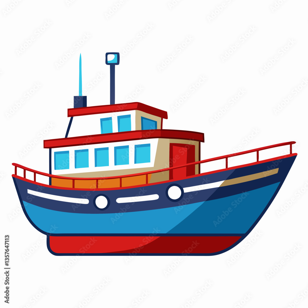 Obraz premium Naval Voyage: A Vibrant illustration of a fishing boat, sailing on the sea