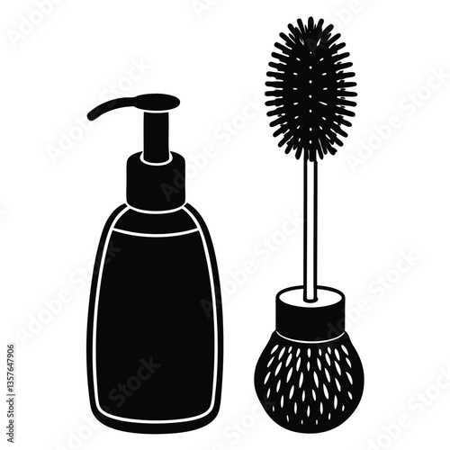 Dish Brush and Liquid Dish Soap Vector – Kitchen Cleaning Set with Scrub Brush and Detergent Bottle