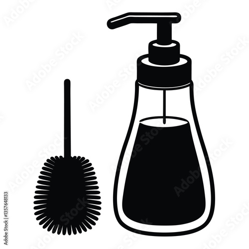 Dish Brush and Liquid Dish Soap Vector – Kitchen Cleaning Set with Scrub Brush and Detergent Bottle