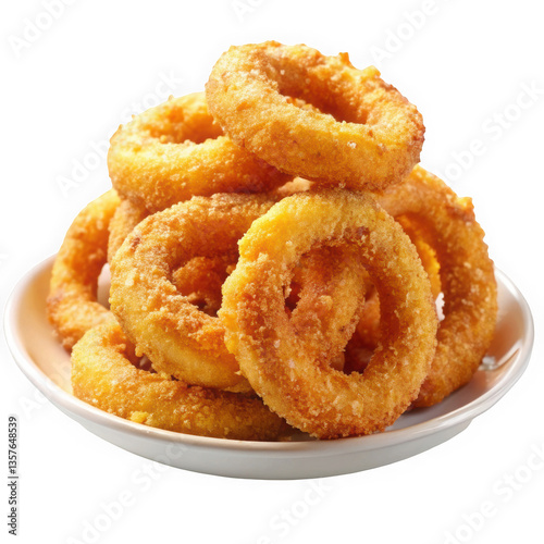 A tempting pile of golden, crispy onion rings served on a white plate, perfect for sharing or as a side dish.
