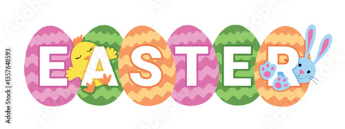 Easter banner for kids, text with eggs, chick and bunny, colorful festive flyer, panoramic vector illustration
