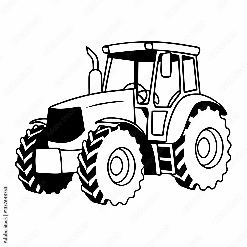 Obraz premium Agriculture in Monochrome: A detailed, bold illustration of a modern tractor, set against a stark background, symbolizing the power of agriculture.