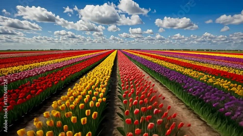 Striking Rows of Colorful Tulips Under a Sunny Sky