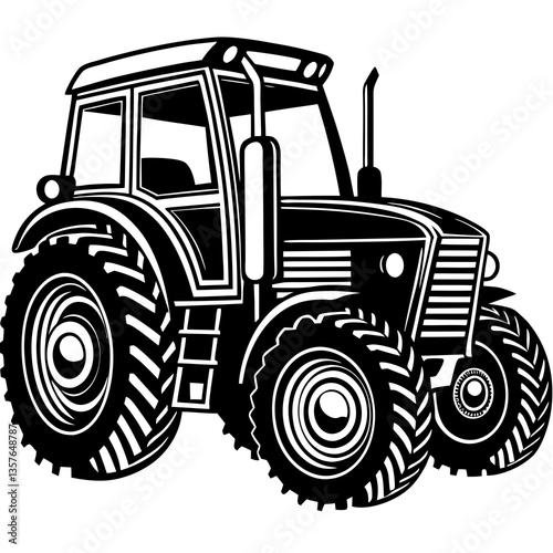 Farm Vehicle: The black-and-white silhouette of a heavy-duty tractor, designed for agricultural work, stands ready for duty