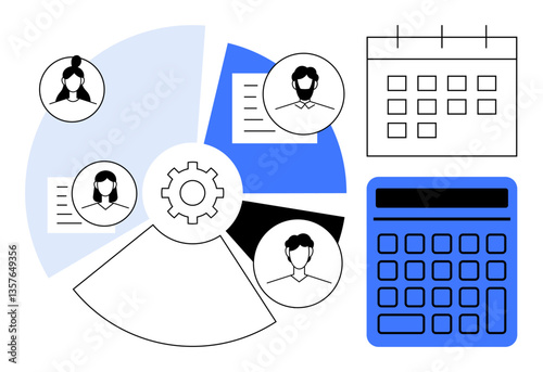 Circular chart with user profiles, gear symbol, calendar, and calculator emphasizes collaboration, scheduling, and analysis. Ideal for productivity, management, team planning scheduling workflow