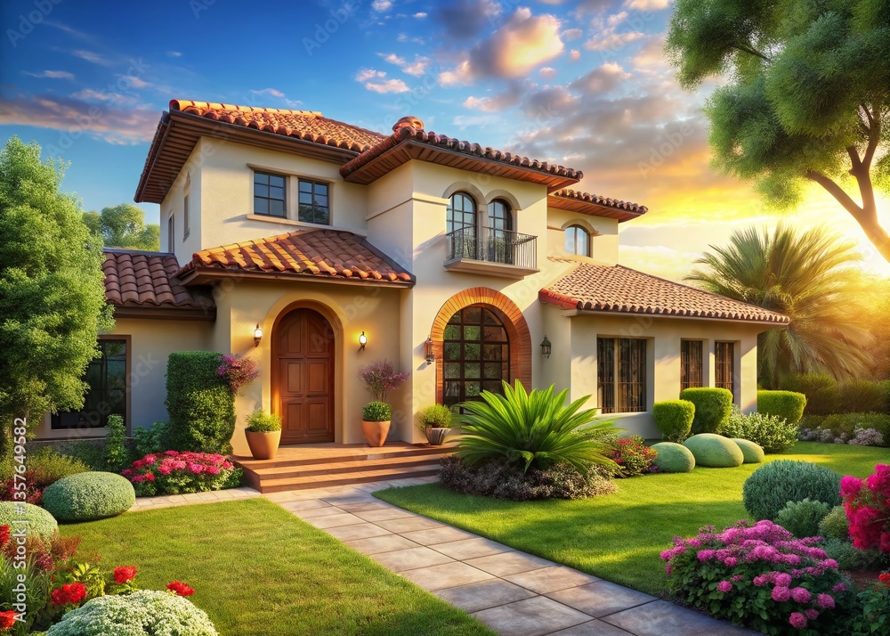 Fototapeta premium Modern Mediterranean Villa: Elegant Architecture, Lush Landscaping, Sunny Day