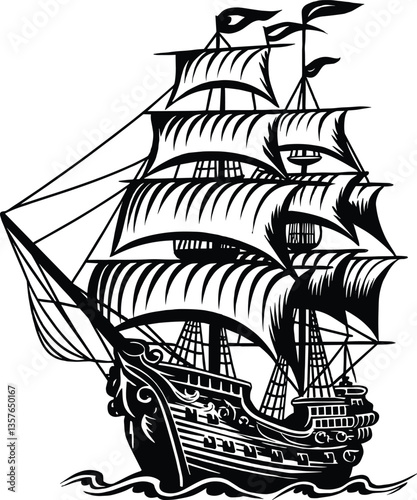 Pirate ship sailboat retro sketch hand drawn engraving. Vector illustration