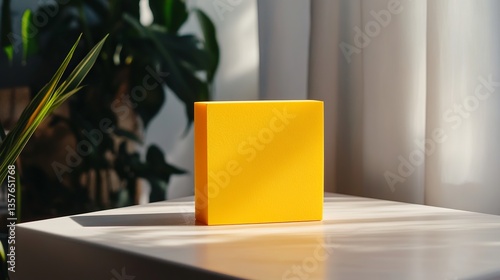 A vibrant yellow box sits on a light wooden table, illuminated by soft sunlight streaming through sheer curtains.