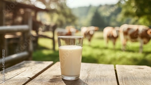 Rustic countryside scene with glass of milk on wooden table and cows grazing in background, concept of fresh dairy and natural nutrition, Generative AI photo