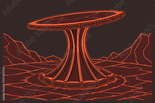 16 Volcanic rock table, circular lava top, glowing magma rim, obsidian base, futuristic furniture design, surreal home decor, molten rock aesthetic, ultra-detailed texture, dramatic lighting, photorea