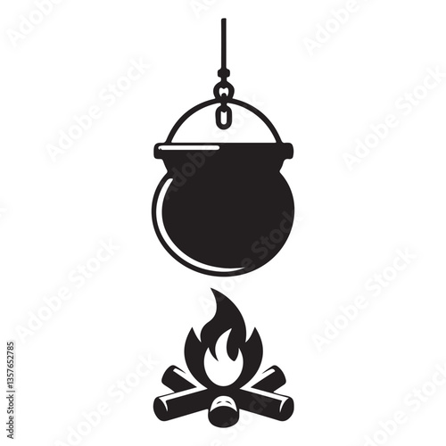 Cauldron Over Campfire Silhouette for Outdoor Cooking and Camping Designs