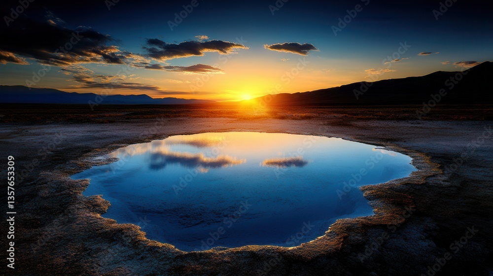Serene sunset reflecting in a water pool surrounded by desert landscape. Serene sunset reflecting in a water pool surrounded by desert landscape.