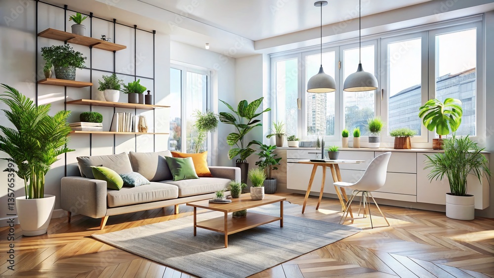 Fototapeta premium Modern Minimalist Studio Apartment Interior Design with Natural Light