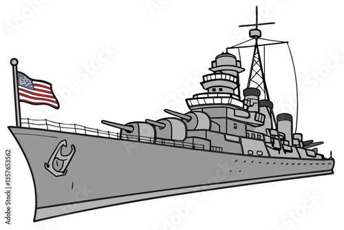 17 Naval battleship, grey steel hull, massive artillery guns, command tower, radar equipment, American flag, wartime vessel, military ship, maritime warfare, naval history, detailed metalwork, weather