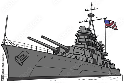 17 Naval battleship, grey steel hull, massive artillery guns, command tower, radar equipment, American flag, wartime vessel, military ship, maritime warfare, naval history, detailed metalwork, weather