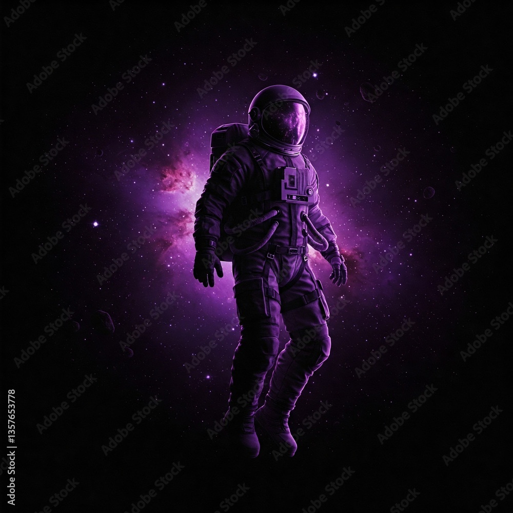 Fototapeta premium Artificial Intelligence Image: Purple and black astronaut floats in space, mystery, vastness, solitude, admiration.