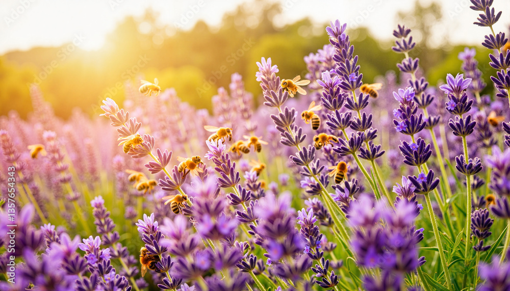 Naklejka premium Swarm of bees pollinating vibrant lavender field at sunset, nature's harmony