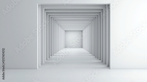 Minimalist tech design and elegance interface, A minimalistic corridor with repeating archways creating a sense of depth and perspective, featuring a clean, white aesthetic.