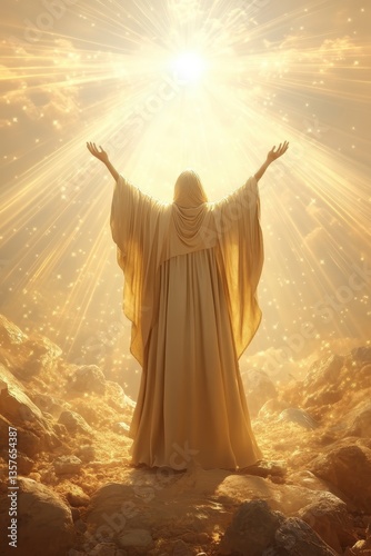 Woman in Golden Robe Raising Arms Towards Heavenly Light on Mountaintop