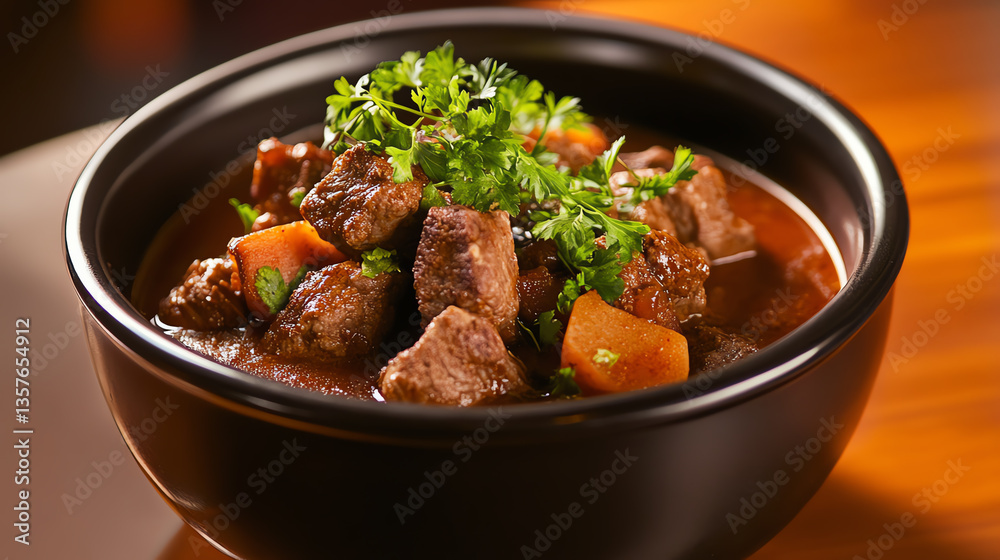 A delicious bowl of hearty beef stew, featuring tender chunks of meat, fresh vegetables, and garnished with parsley. Perfect for a comforting meal or a cozy dinner gathering. A delicious bowl of hearty beef stew, featuring tender chunks of meat, fresh vegetables, and garnished with parsley. Perfect for a comforting meal or a cozy dinner gathering.