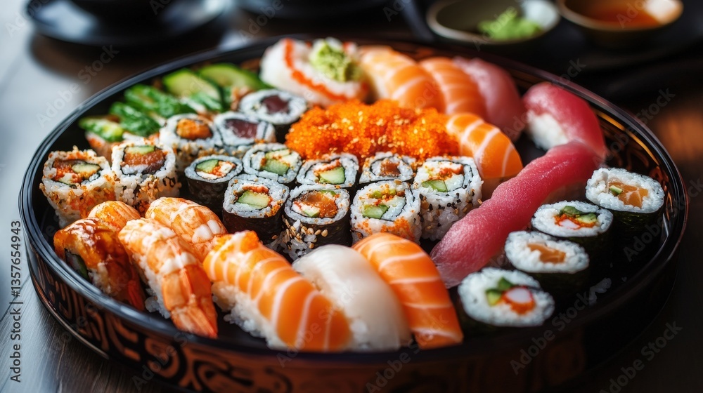 A decorative platter features a variety of delicious sushi pieces A decorative platter features a variety of delicious sushi pieces