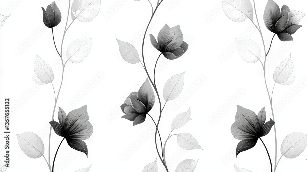 Fototapeta premium Elegant seamless monochrome floral pattern with black and white flowers on a white background