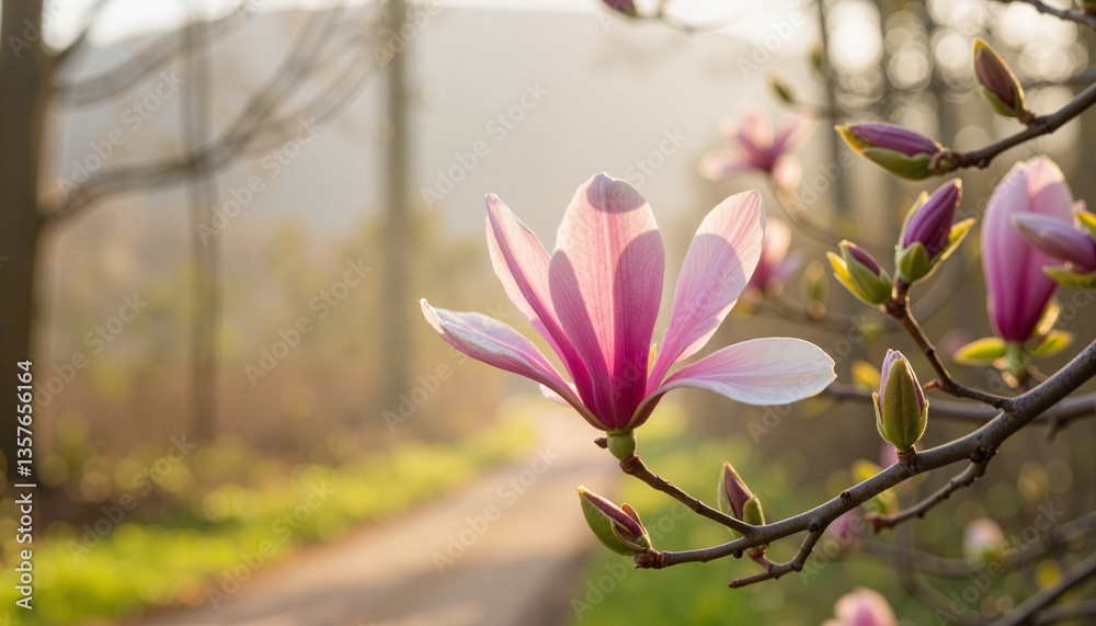 Fototapeta premium Vibrant magnolia bloom along woodland path in morning mist, nature's beauty