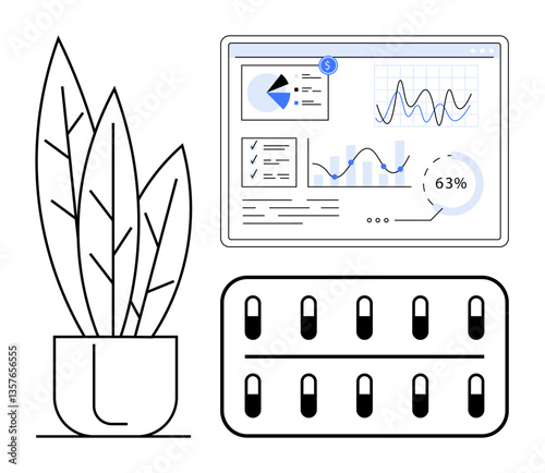 Potted plant alongside a tablet displaying medical graphs, analytics, and pill blister pack. Ideal for health tracking, natural remedies, technology, medication, research, data visualization flat