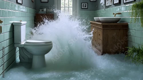 Flooded bathroom, water damage, plumbing mishap, use disaster demonstration