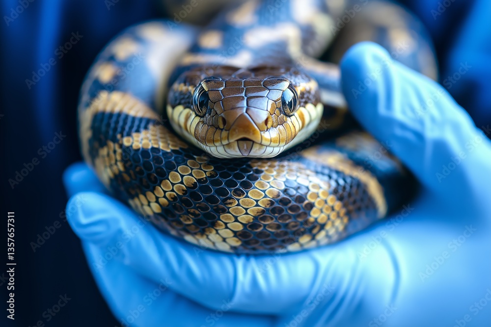 Colorful patterned snake gently held by gloved hands, representing exotic pet care, veterinary handling and reptile safety in controlled environment, Generative AI Colorful patterned snake gently held by gloved hands, representing exotic pet care, veterinary handling and reptile safety in controlled environment, Generative AI