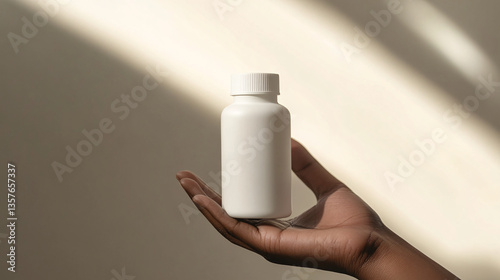 mockup of a hand holding a blank white supplement bottle