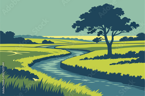 18 Serene landscape, winding river through lush green fields, solitary tree on riverbank, vibrant yellow grass, clear blue sky, tranquil countryside, peaceful rural scene, expansive meadow, natural be