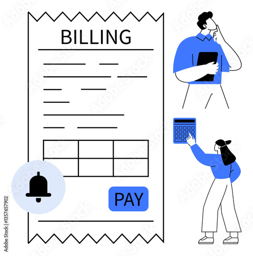 Receipt with Billing header, payment button, notification bell, man reflecting with clipboard, woman using calculator. Ideal for billing, finance, payment, business services accounting budgeting