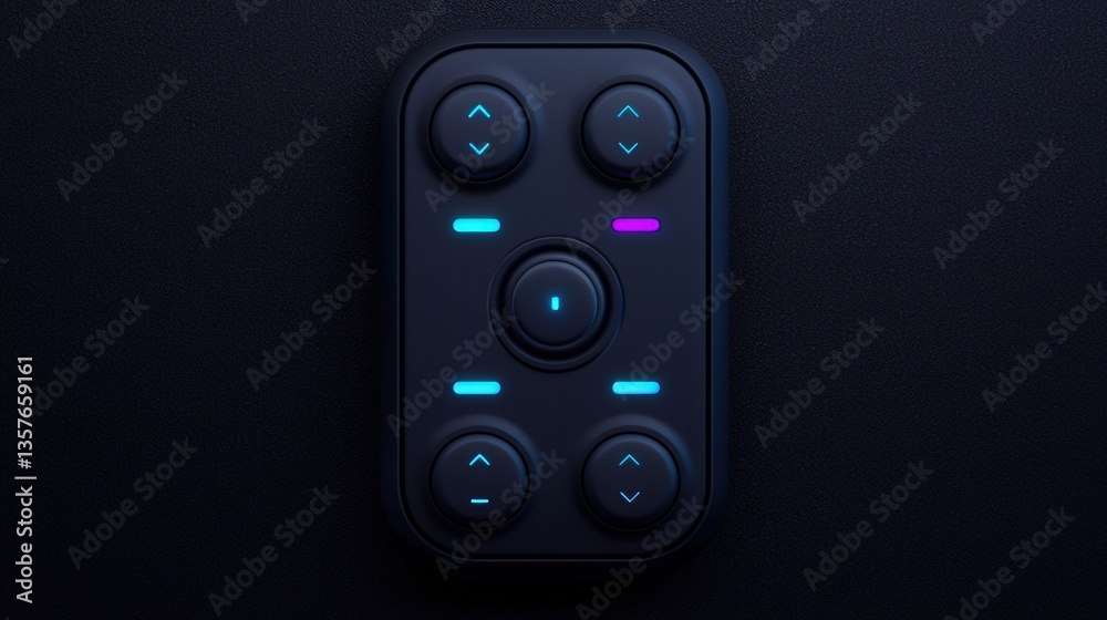 Minimalist tech design and elegance interface, A sleek, modern remote control with illuminated buttons on a dark background, designed for intuitive navigation and functionality. Minimalist tech design and elegance interface, A sleek, modern remote control with illuminated buttons on a dark background, designed for intuitive navigation and functionality.