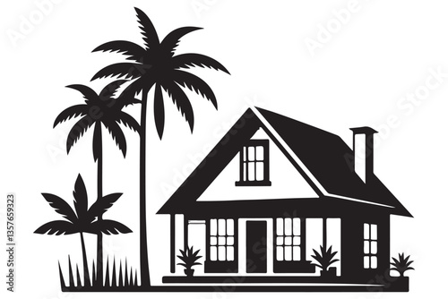 Detailed House with Palm Trees Silhouette Vector Illustration