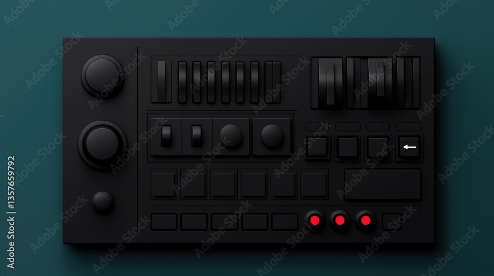 Minimalist tech design and elegance interface, A sleek black control panel featuring various knobs and buttons, ideal for audio or video equipment, set against a dark green background. Minimalist tech design and elegance interface, A sleek black control panel featuring various knobs and buttons, ideal for audio or video equipment, set against a dark green background.
