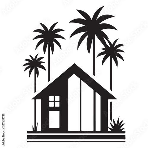 Silhouette a frame cabin with palm trees vector illustration