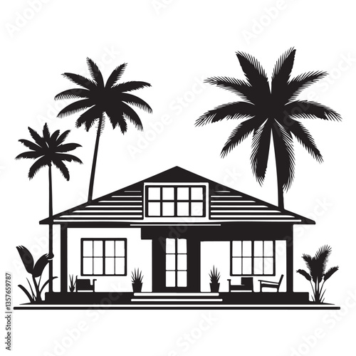 Silhouette beach house with palm trees vector illustration art