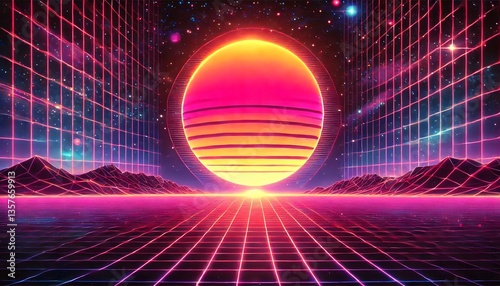 Futuristic neon landscape with a glowing retro sun, grid lines, and starry sky. Cyberpunk aesthetics with vibrant pink and purple hues create a nostalgic synthwave digital artwork. photo