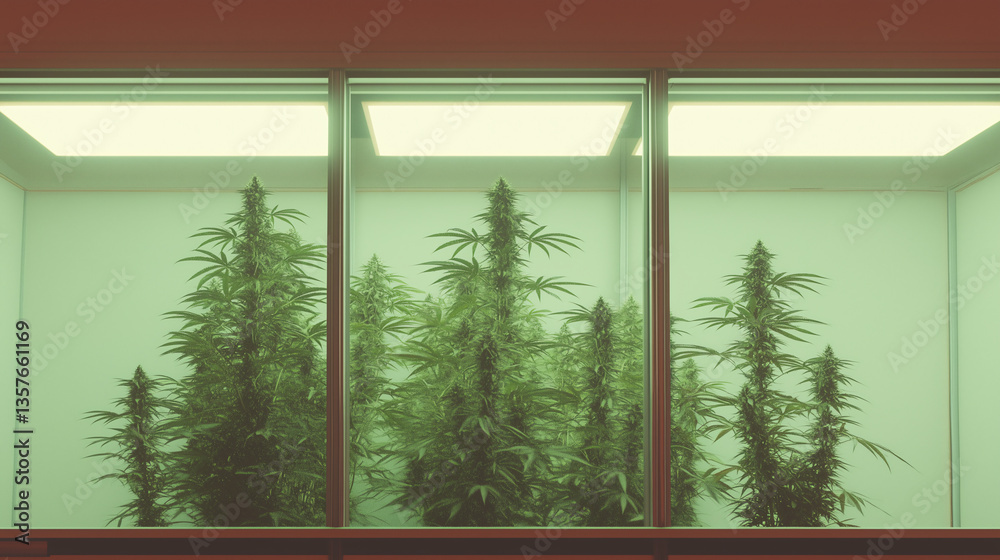 Naklejka premium Cannabis Cultivation: Inside a grow room, cannabis plants thrive under controlled conditions, a testament to modern agricultural techniques.