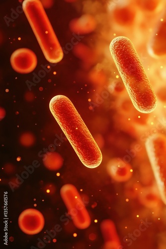 Close-up view of bacteria in vibrant orange and red colors, showcasing their unique shapes and structures.