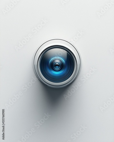 A close-up of a camera lens featuring a blue center against a white background.