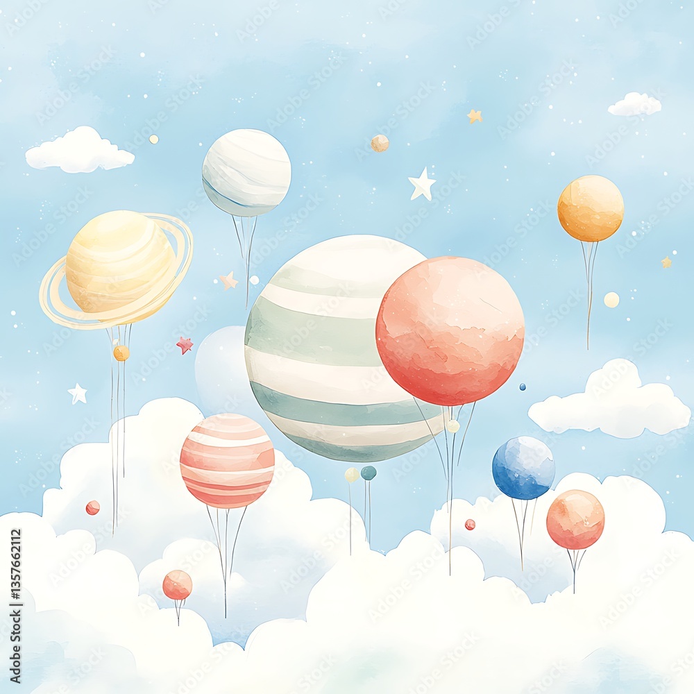 Fototapeta premium Pastel Planets Floating in Sky.