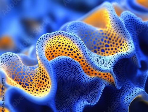 A vibrant close-up of a coral reef showcasing intricate patterns and textures in blue and orange hues.