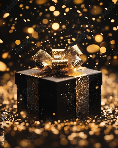 A beautifully wrapped black gift box with a golden bow, surrounded by sparkling golden confetti.