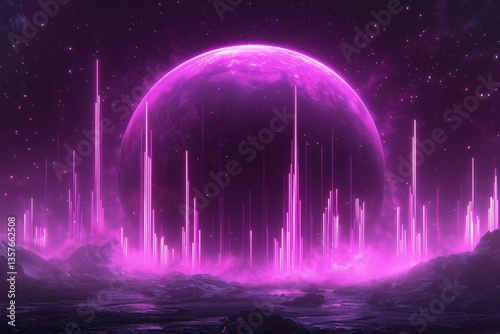 A vibrant, futuristic landscape featuring a large pink moon and glowing structures against a starry sky.