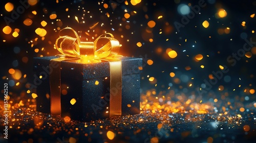 A beautifully wrapped gift box with a golden ribbon surrounded by sparkling lights.