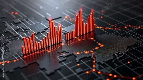 Global Economic Trends Visualization: A 3D Rendering of Interconnected Bar Graphs on a World Map, Illustrating Fluctuations and Data Networks
